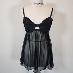 Rachel Roy Black Floral Embroidered Sheer Babydoll Lingerie‎ Chemise L